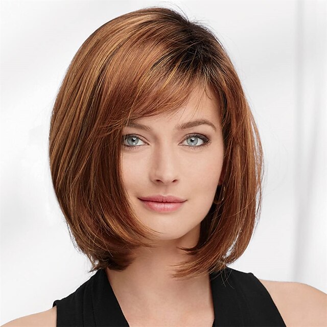  Bob Wig with Rooted Color and Rounded Silhouette / Multi-Tonal Shades of Blonde Silver Brown and Red