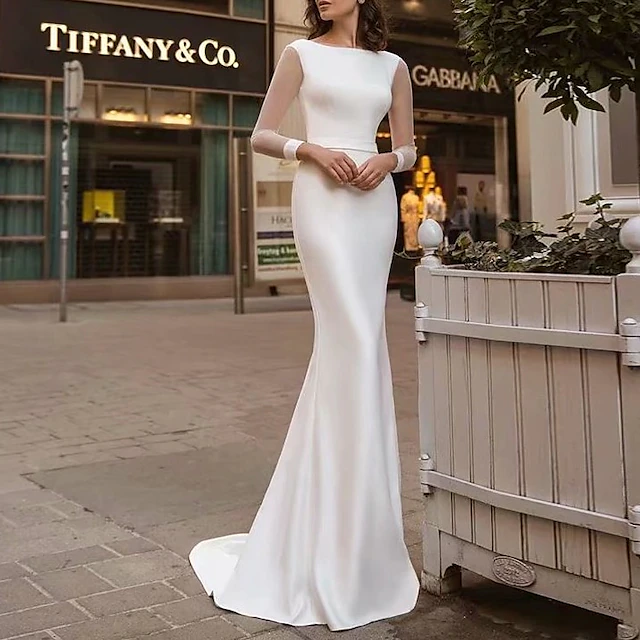 Reception Royal Style Simple Wedding Dresses Mermaid Scoop Neck Long Sleeve Sweep / Brush Train Satin Bridal Gowns With Solid Color Summer Wedding Party dress to impress Fall Wedding 5