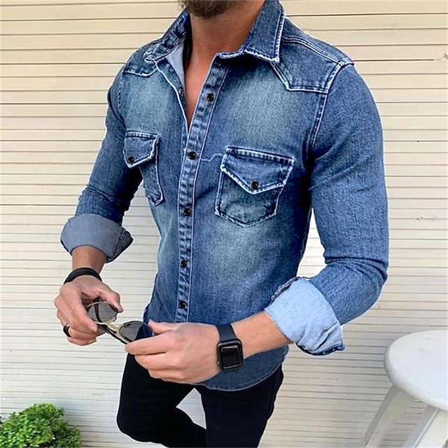  Homme Chemise en jean Noir Bleu Roi Bleu manche longue Couleur unie Col Printemps & Automne Plein Air du quotidien Vêtement Tenue Bouton bas