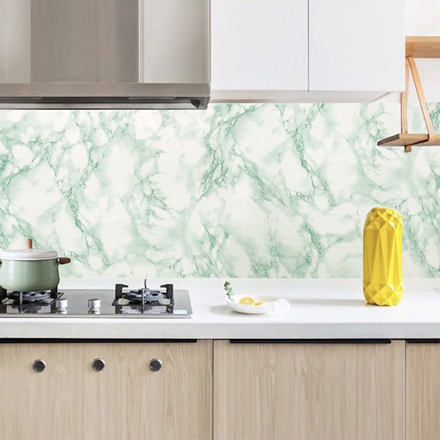  Green marble texture sticker PVC self-adhesive wallpaper waterproof and moistureproof desktop renovation sticker Kitchen oil resistant film instant paste a roll of 17.72 inches * 74.78 inches