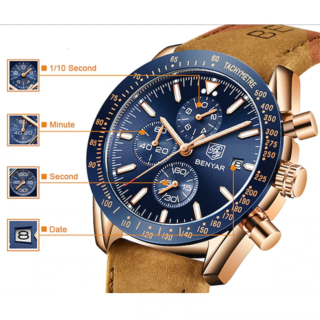 Benyar Herenhorloge, chronograaf, 30 m waterdicht, analoog Benyar Herenhorloge, chronograaf, 30 m waterdicht, analoog