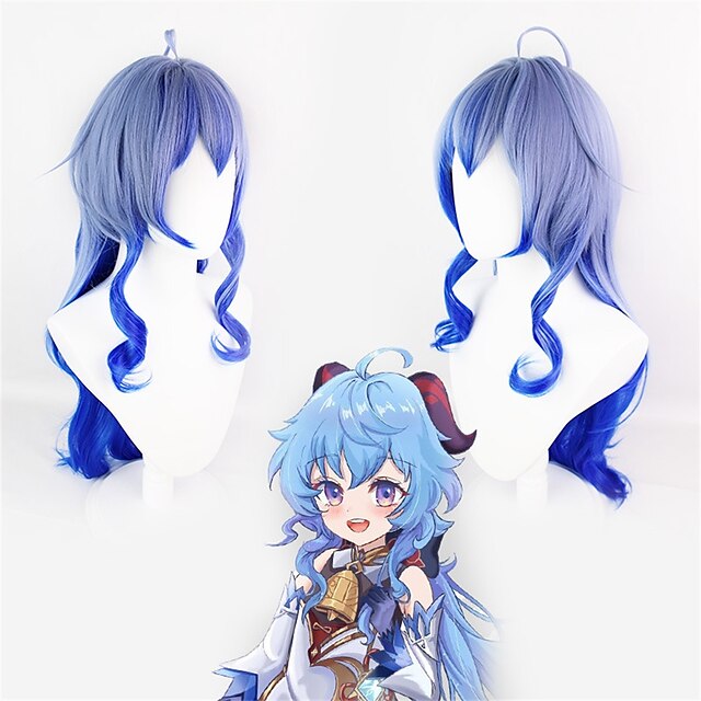  peruk animation cosplay genshin effekt sött regn cos peruk blå gradvis förändring långt hår anti äkta hårbotten perukskydd