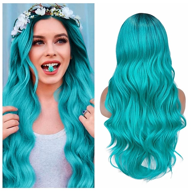  Love Ombre Bluish Green Wigs Long Curly Wavy Teal Blue Side Part Wig 2 Tones Dark Roots Synthetic Daily Party Cosplay Wigs for Women