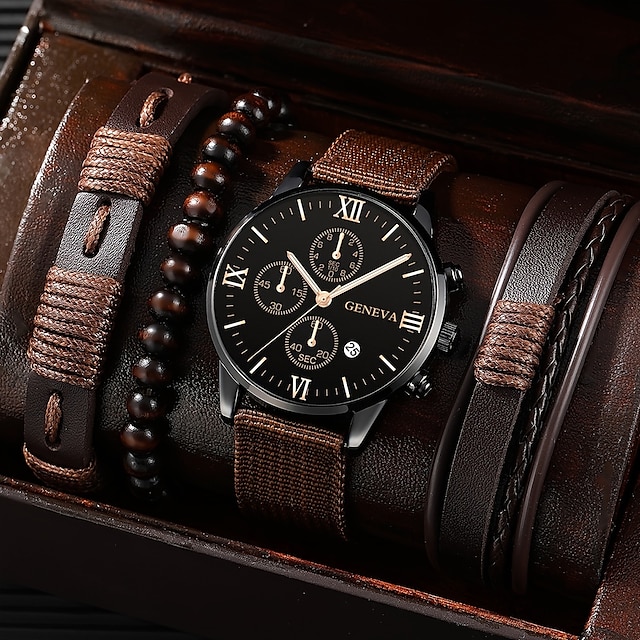  男性用 4 ピース/セットクォーツ時計男性用アナログクォーツレトロスタイリッシュなクロノグラフ合金ナイロンスポーツスタイルの腕時計