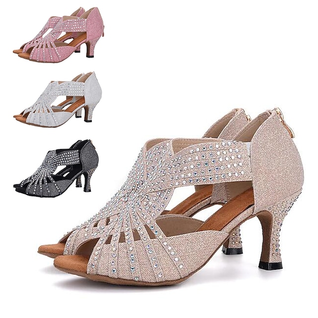  Dames Latin schoenen Prestatie Glitter kristal pailletten juwelen Sandalen Hakken Strass Glitter Wijd uitlopende hak Rits Zwart / Wit Wit / zilver Roze