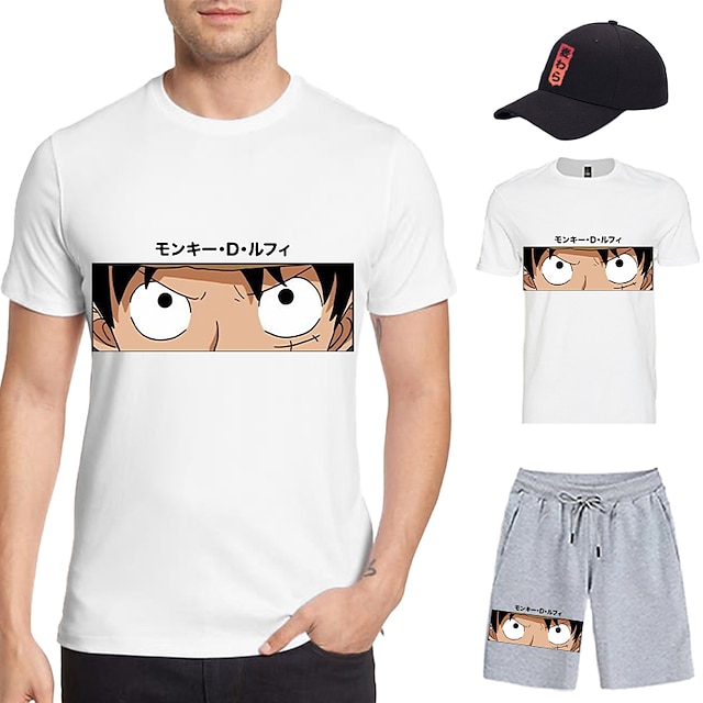  One Piece Apina D.Luffy T-paita Shortsit Lippalakki Painettu Kuvitettu Käyttötarkoitus Miesten Aikuisten Kuuma leimaus Rento / arki