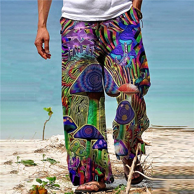 Men's Trousers Summer Pants Beach Pants Drawstring Elastic Waist 3D Print Graphic Prints Mushroom Comfort Casual Daily Holiday Cotton Blend Streetwear Hawaiian Red Purple 7
