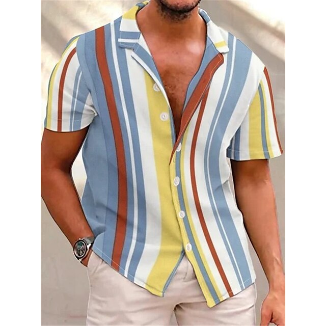  Men's Shirt Summer Hawaiian Shirt Striped Graphic Prints Cuban Collar White Navy Blue Blue Light Blue Casual Holiday Short Sleeve Button-Down Print Clothing Apparel Sports Fashion Streetwear Designer