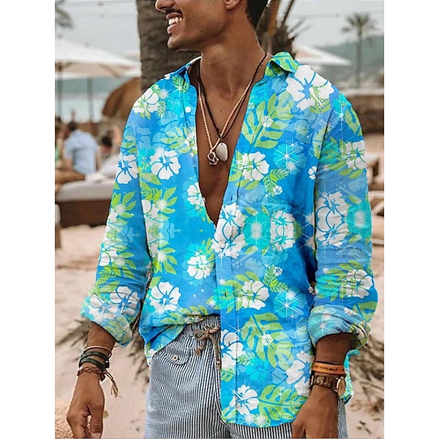  Men's Shirt Summer Hawaiian Shirt Floral Graphic Prints Turndown Blue Outdoor Street Long Sleeve Button-Down Print Clothing Apparel Fashion Streetwear Designer Casual