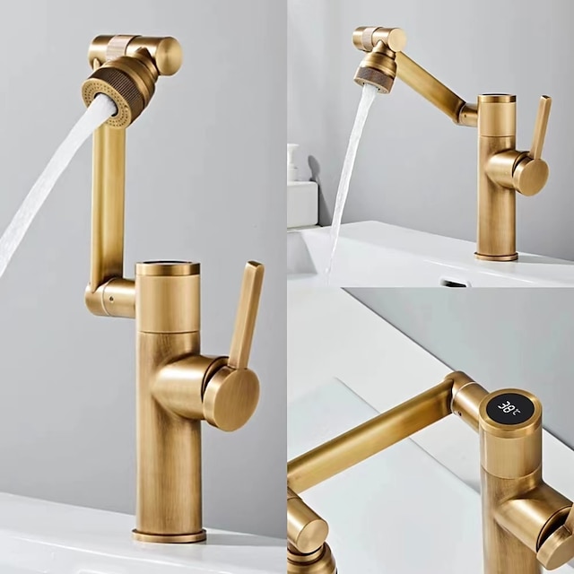  Foldable Bathroom Sink Mixer Faucet LED Displayer, Vintage 360 Swivel Spout Rotatable Wash Basin Tap, Brass Retro Single Handle One Hole with Cold and Hot Water Hose