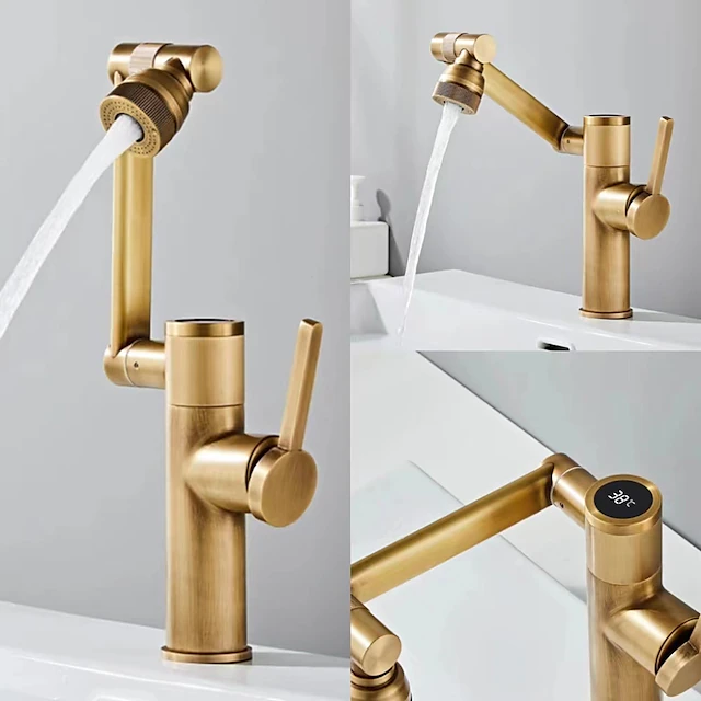 Foldable Bathroom Sink Mixer Faucet LED Displayer, Vintage 360 Swivel Spout Rotatable Wash Basin Tap, Brass Retro Single Handle One Hole with Cold and Hot Water Hose 12