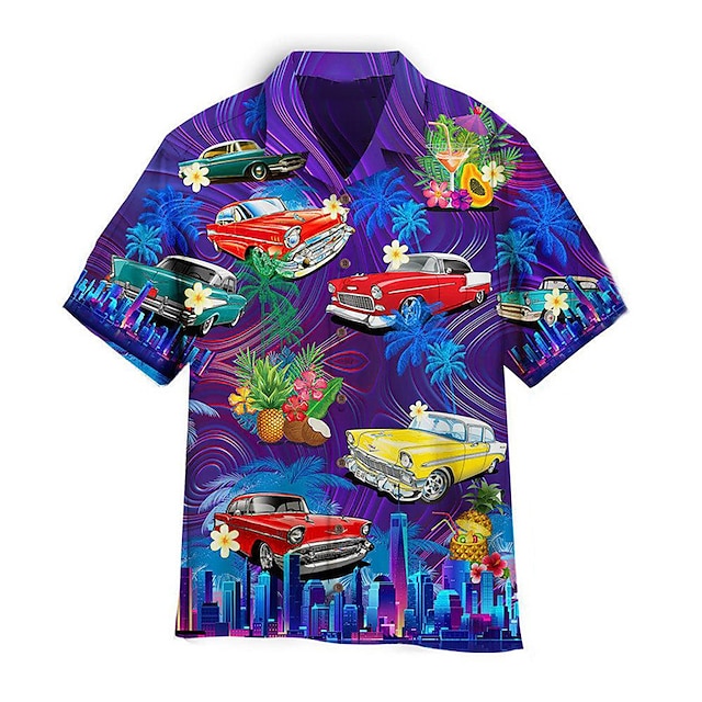  Men's Shirt Summer Hawaiian Shirt Floral Car Graphic Prints Turndown Purple Street Casual Short Sleeves Print Button-Down Clothing Apparel Tropical Fashion Streetwear Hawaiian