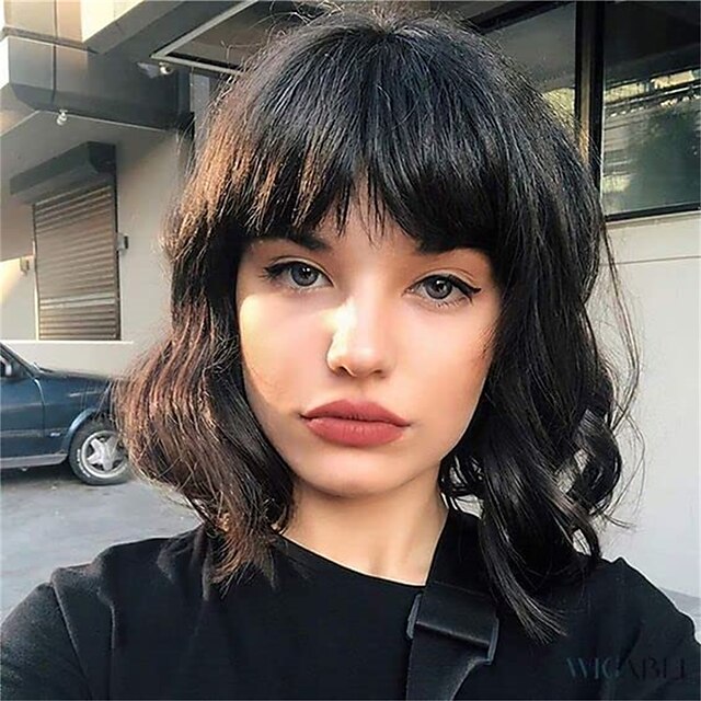  Short Black Bob Wigs with Bangs Synthetic Straight Bob Wigs for Women Natural Looking Black Short Bob Wig Heat Resistant Colorful Halloween Bob Wigs for Daily Party