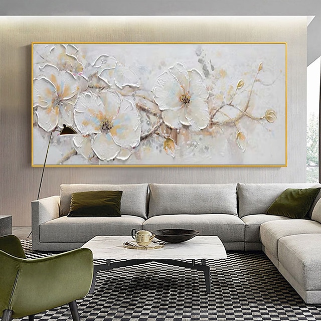  手作りの油絵キャンバス壁アート装飾モダンな厚い油を塗った白い花リビングルームの家の装飾ロールフレームレス未延伸絵画