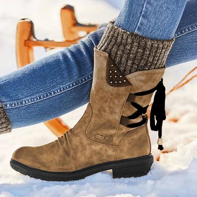 Women's Gray Suede Mid-Calf Boots with Knit Cuffs and Lace-Up Detail ...