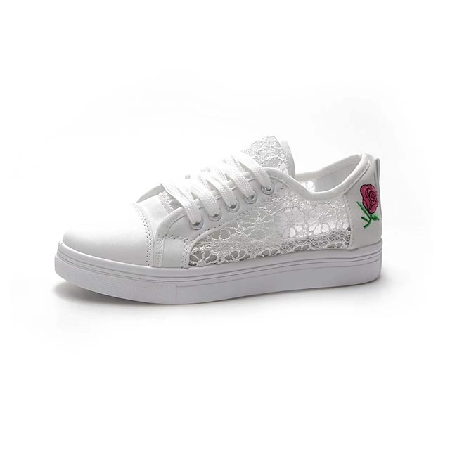  Women's Sneakers Canvas Shoes White Shoes Outdoor Daily Embroidered Summer Flower Flat Heel Round Toe Casual Minimalism Walking Mesh Lace-up White