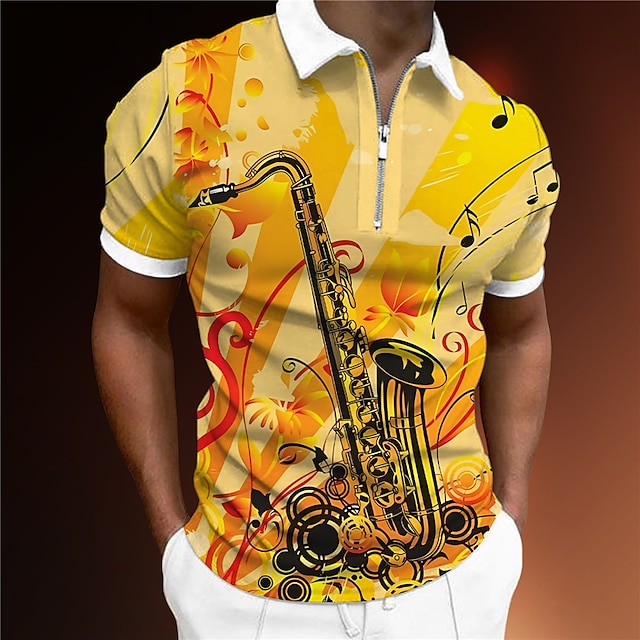  Men's Polo Shirt Zip Polo Golf Shirt Graphic Prints Music Musical Instrument Turndown Yellow Blue Fuchsia Green Outdoor Street Short Sleeves Print Zipper Clothing Apparel Fashion Designer Casual
