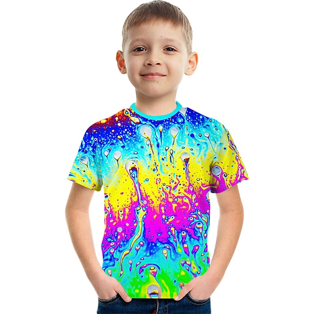  T-shirt de manga curta colorida arco-íris multi-tinta para crianças, camisas coloridas impressas em 3D para meninos e meninas