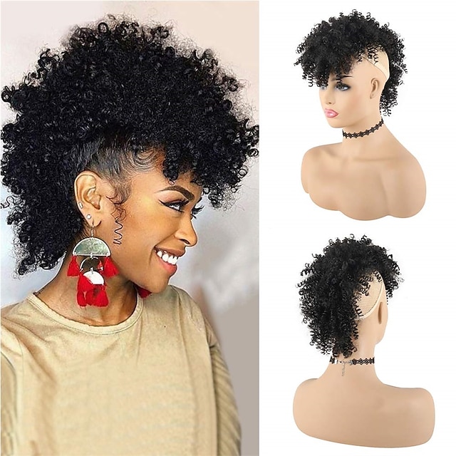  Afro High Puff Hair Bun Ponytail Drawstring With Bangs Synthetic Jerry Curly Mohawk Kinkys Curly Fauxhawks Pony Tail Clip in on Ponytails for Women Hair Extensions with six Clips