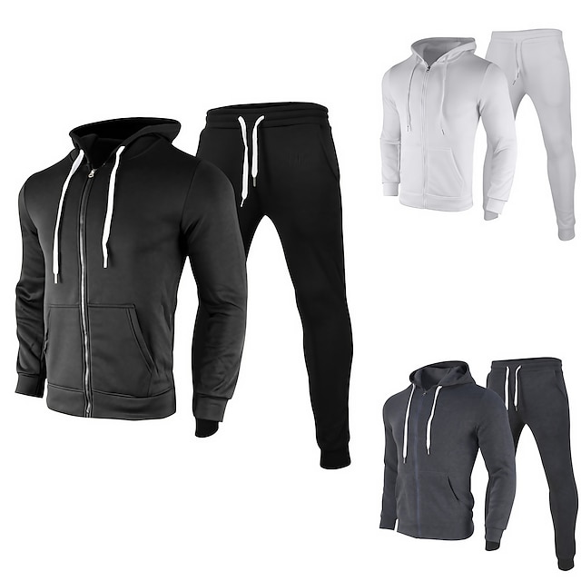 Men's Tracksuit Sweatsuit Jogging Suits Black White Dark Gray Standing Collar Plain Patchwork Zipper Pocket Sports & Outdoor Sports Streetwear Streetwear Cool Casual Spring &  Fall Clothing Apparel