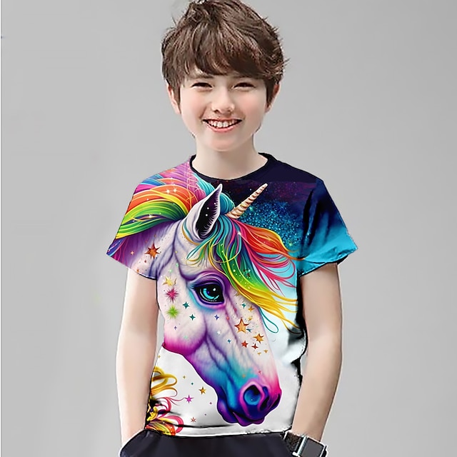  Børn Drenge T-shirt T-shirt enhjørning Kortærmet Børne Top udendørs 3D-udskrivning Sej Daglig Sommer Sort 4-12 år