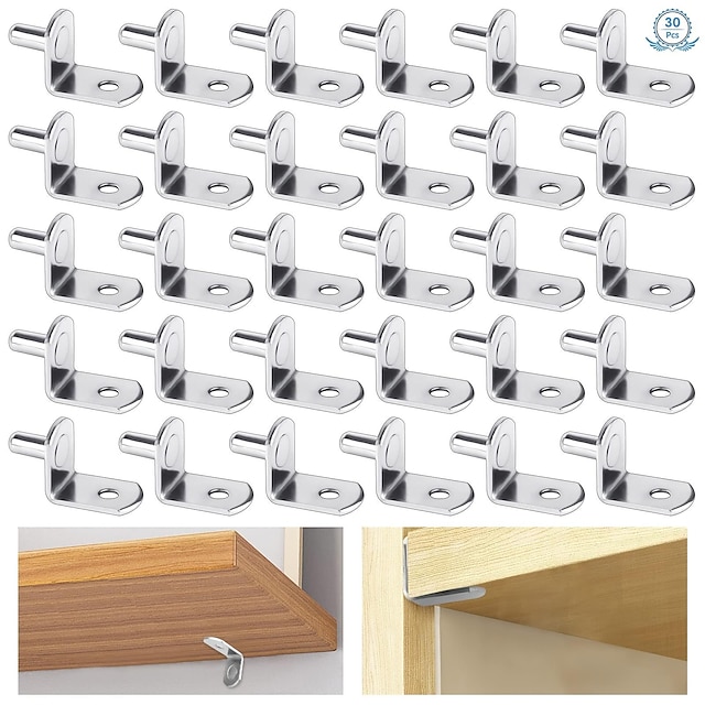  30db polctartó csapok, 1/4 hüvelyk átmérőjű polctartó csapok lyukkal, nikkelezett L alakú kapcsok a konyhába &erősítő; könyvespolc polc szekrény bútor szekrény polc csapok tartó