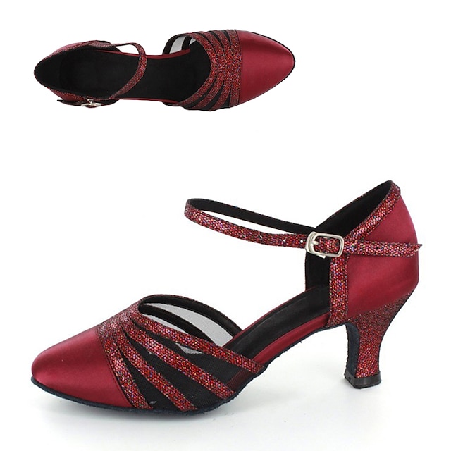  Women's Modern Shoes Indoor Practice Square Dance Heel Sequins Cuban Heel Buckle Adults' Dark Red