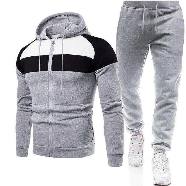  Men's Tracksuit Sweatsuit Jogging Suits Black Gray Hooded Color Block Patchwork Pocket 2 Piece Sports Streetwear Streetwear Cool Casual Spring &  Fall Clothing Apparel Hoodies Sweatshirts 