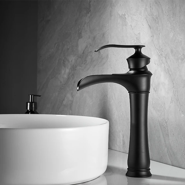 Waterfall Basin Sink Mixer Faucet Black, Tall Bathroom Taps Single Handle One Hole with Hot and Cold Hose Vessel Water Tap Deck Mounted 12