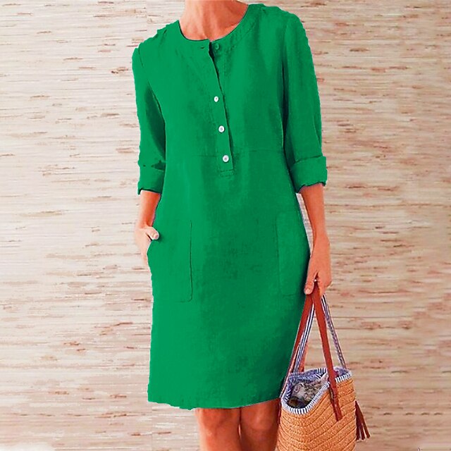 Women‘s Casual Dress Cotton Linen Dress Shift Dress Knee Length Dress 