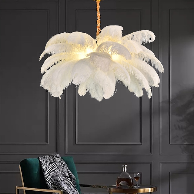  LED Pendant Light Chandelier Gorgeous Extra Large White Ostrich Feather Bouquet Pendant Light Romantic Mounted Lighting Fixture for Restaurant Bedroom Chain Adjustable
