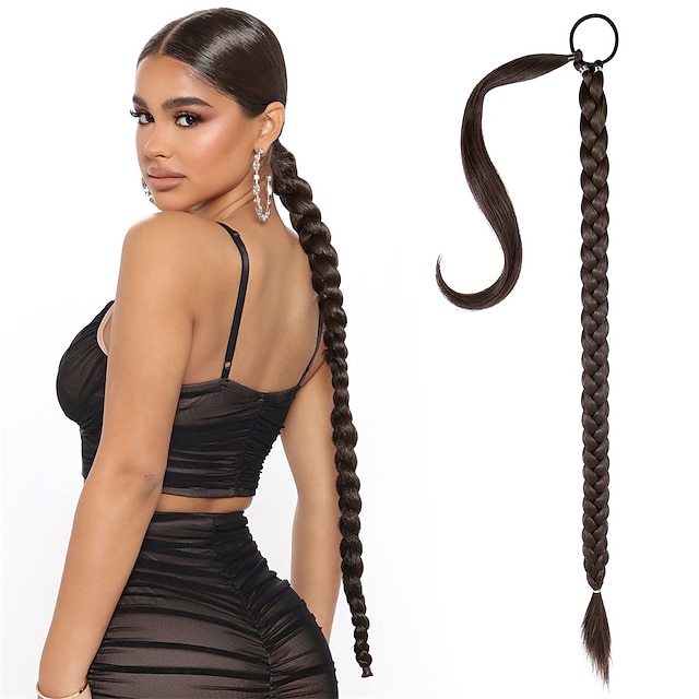  longue extension de queue de cheval tressée avec une cravate de cheveux droite enroulée autour des extensions de cheveux queue de cheval naturel doux morceau de cheveux synthétiques pour les femmes