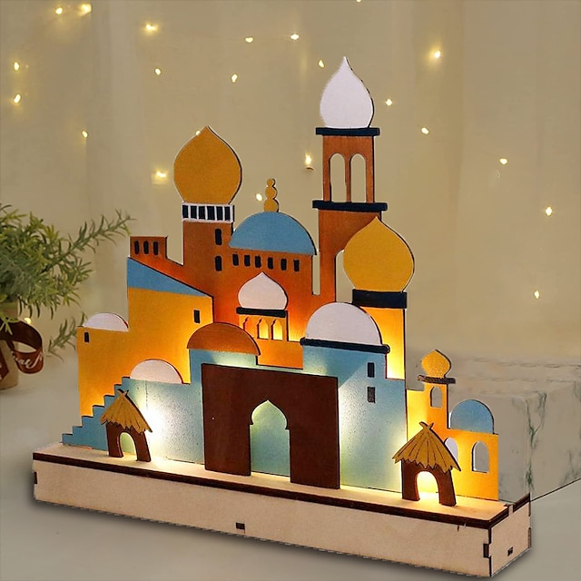  Decorações do ramadã luzes de madeira eid mubarak led luzes noturnas muçulmanas decoração do ramadã para casa islâmica muçulmana ajuda para festas mubarak decoração para festas