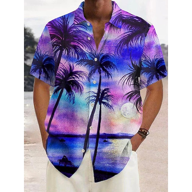  havaijilainen paita miesten graafinen kesä kookospähkinäpuiden alaspäin punainen purppura ruskea vihreä sateenkaari katu rento lyhyet hihat painike värikäs ranta sininen puuvilla trooppinen nappi