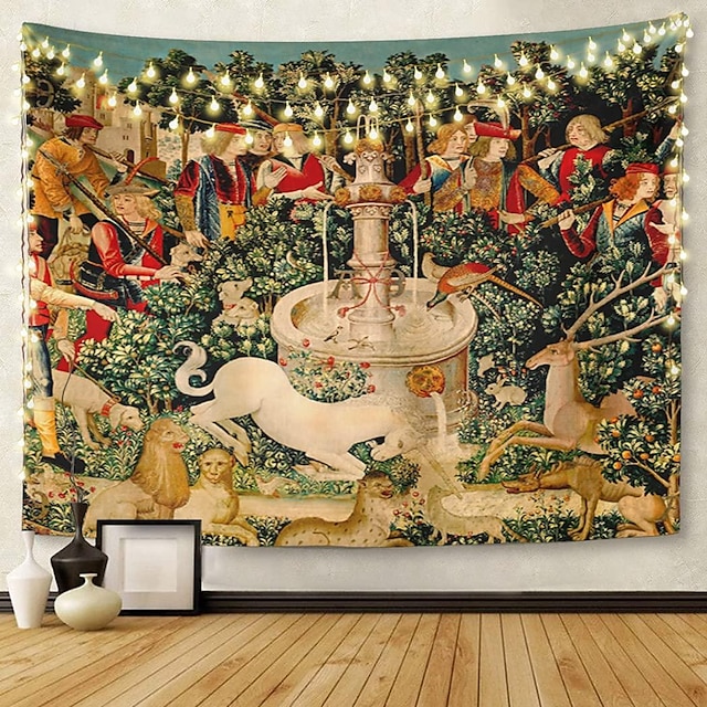  enhjørning middelalderlig hængende gobelin vægkunst stort gobelin vægmaleri indretning fotografi baggrund tæppe gardin hjem soveværelse stue dekoration
