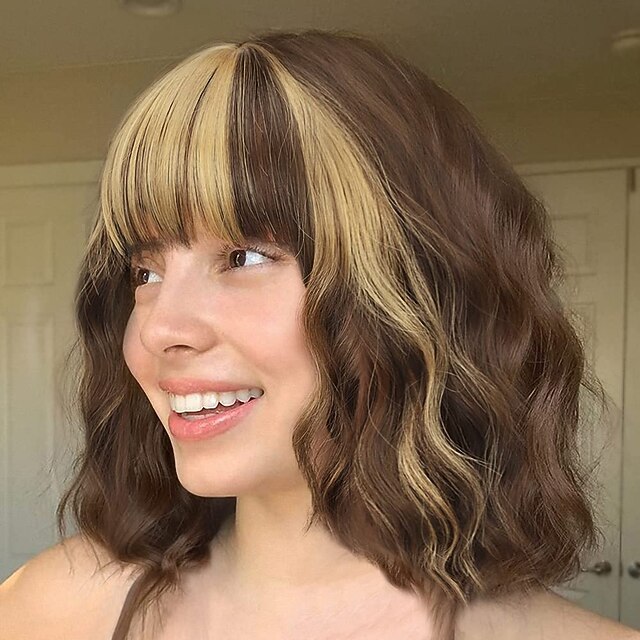 Brown Curly Bob Wig with Bangs for Girl Women Synthetic Brown Wavy Wave