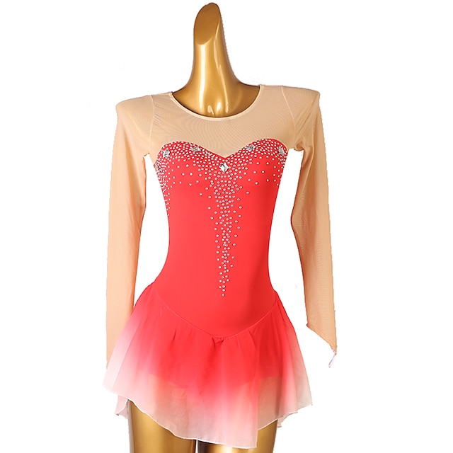 Figure Skating Dress Womens Girls Ice Skating Dress Red Patchwork Open Back Mesh High 0662