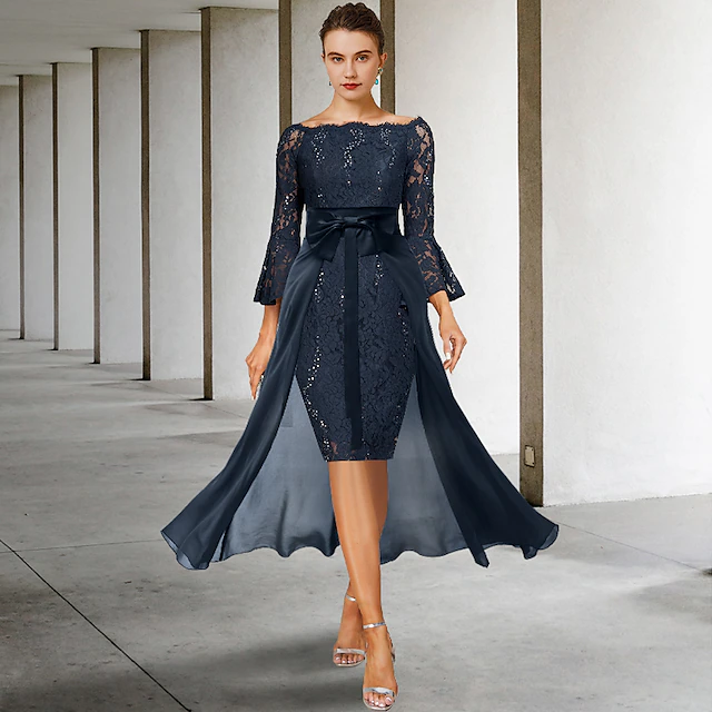 Two Piece Sheath Mother of the Bride Dress Formal Wedding Guest Elegant Party Off Shoulder Knee Length Chiffon Lace Imitated Silk 3/4 Length Sleeve with Bow(s) 12