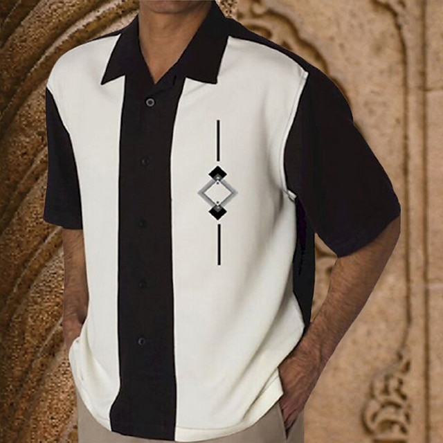  Voor heren Overhemd Bowlingshirt Overhemd met knopen Zomer overhemd Zwart Bruin Khaki Korte mouw Kleurenblok Strijkijzer Buiten Straat Button-omlaag Kleding Modieus Jaren '50 Casual Ademend