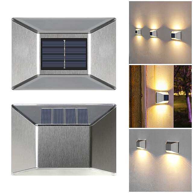  2 peças led lâmpada de parede solar de aço inoxidável quadrado pátio varanda lâmpada decorativa à prova dwaterproof água ao ar livre jardim lâmpada de atmosfera