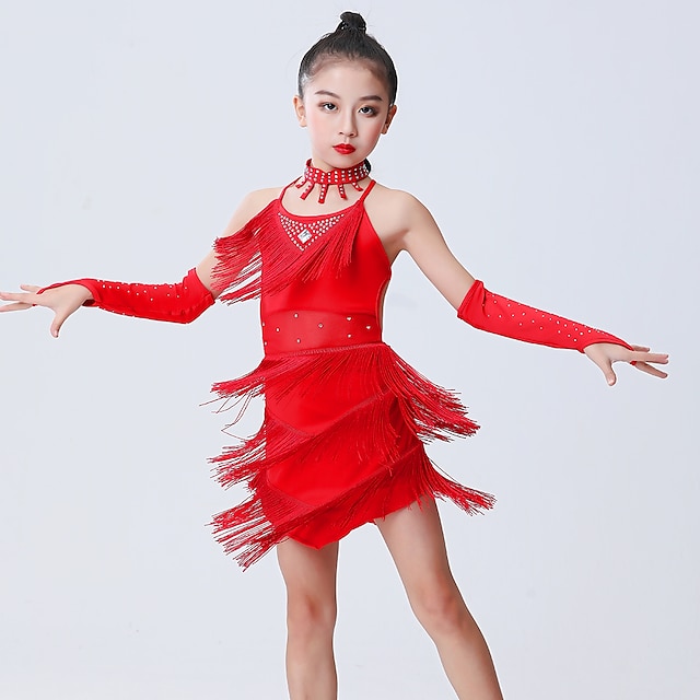  الرقص اللاتيني فستان شرابة ثنيات جانبية ruching في للفتيات أداء التدريب بدون كم بوليستر