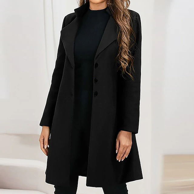 Women's Wool Blend Coat Winter Singel Breasted Lapel Long Pea Coat Fall Over Coat Formal Office Windproof Warm Simple Elegant & Luxurious Basic Jacket Long Sleeve Black 18