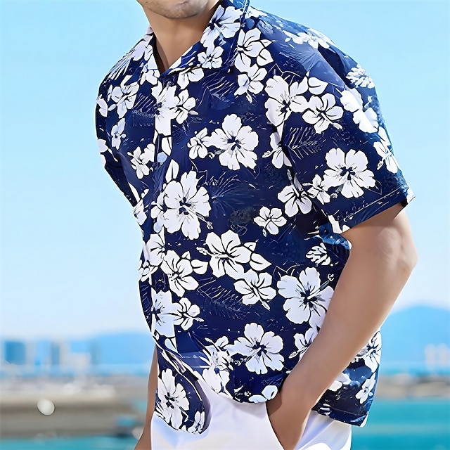  Herre Skjorte Button Up skjorte Sommer skjorte Strandtrøje Hawaii skjorte Blomstret Camouflage Aftæpning Havblå Blå Blå / Hvid Kaffe udendørs Gade Kortærmet Trykt mønster Knap ned Tøj Mode Åndbart