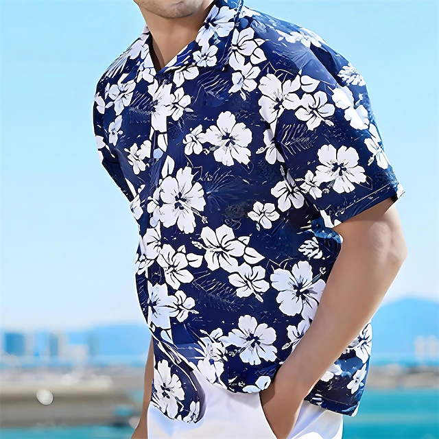 Men's Floral Tropical Flowers Shirt Summer Shirt Beach Shirt Short Sleeve Shirt Turndown Fashion Breathable Comfortable Outdoor Street Casual Sea Blue Blue Blue-White S M L 9