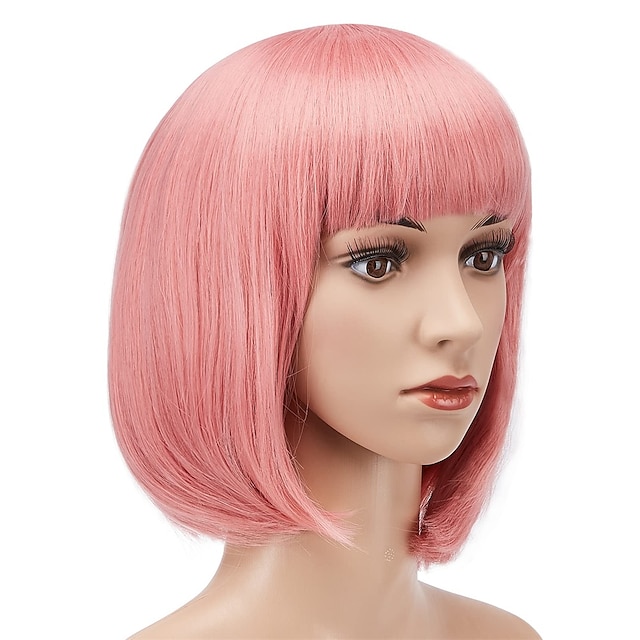 13 Inches Straight Heat Resistant Short Bob Hair Wigs with Flat Bangs for Women Cosplay Daily Party - Pink