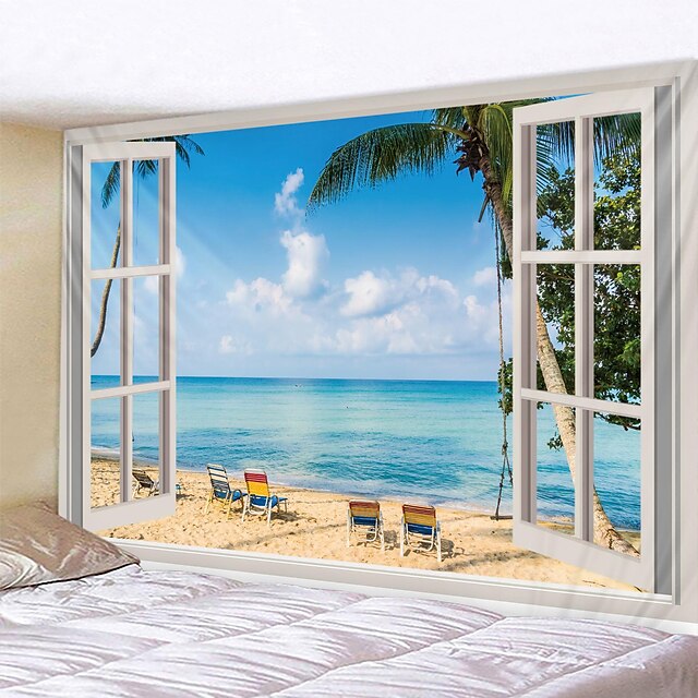  Ocean Window View Wall Tapestry Art Decor Photograph Backdrop Blanket Curtain Hanging Home Bedroom Living Room Decoration