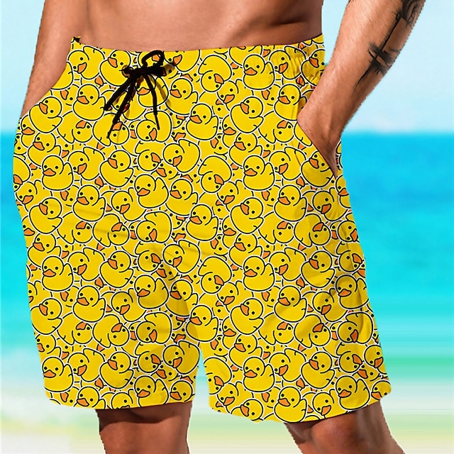  Men's Animal Graphic Prints Little Yellow Duck Swimming Trunks Board Shorts Swim Shorts Mid Waist Hawaiian Boho Casual Daily Holiday Drawstring with Mesh lining Elastic Waist Designer Clothing Apparel