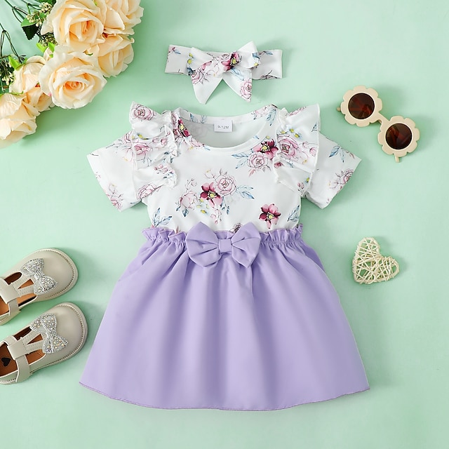  Vestido de manga corta de encaje con estampado de flores para niña (bufanda)