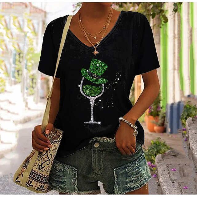  Women's T shirt Tee Black Graphic Print Short Sleeve Daily Weekend St. Patrick's Day V Neck Regular Painting Happy St Patrick's Day S