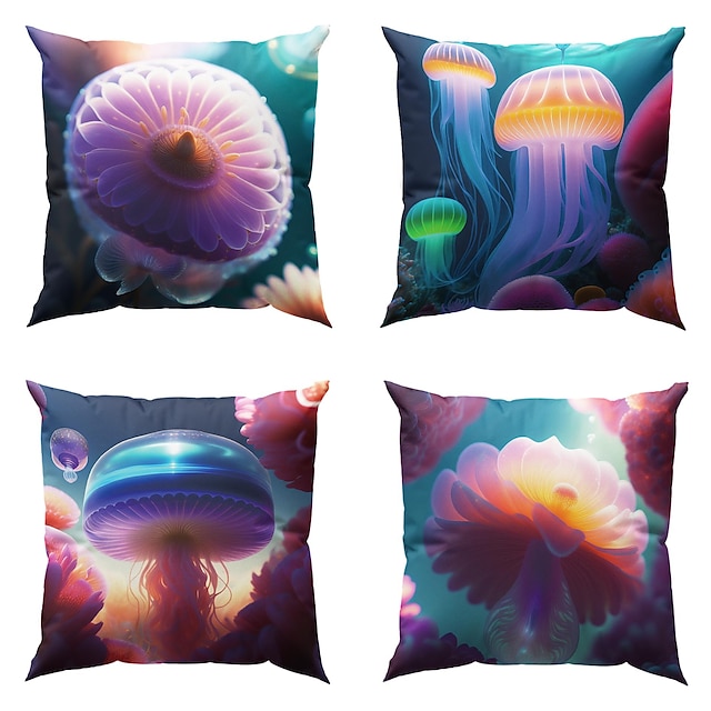  Ocean Jellyfish Double Side Pillow Cover 4PC Soft Decorative Cushion Case Pillowcase for Bedroom Livingroom Sofa Couch Chair